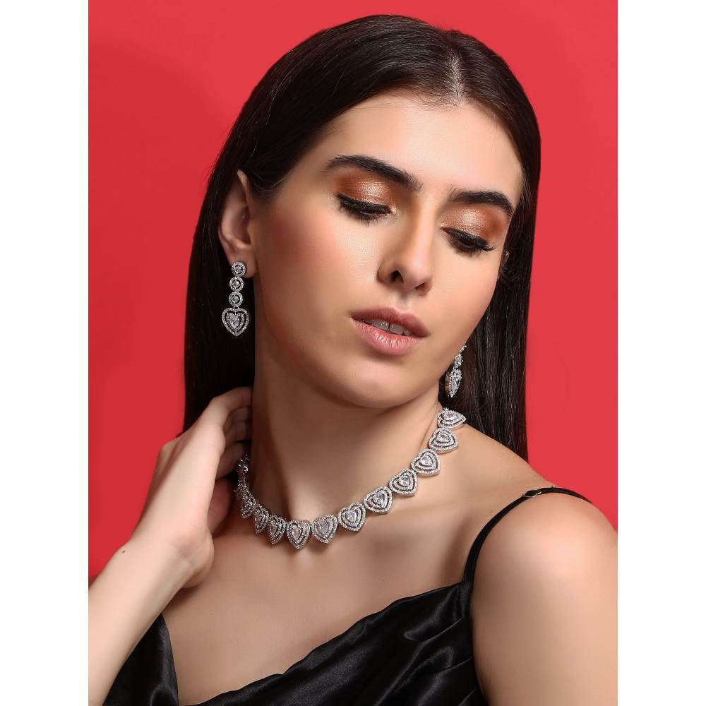 Auraa Trends Rhodium Plated American Diamond Zircon Silver Necklace Set For Women