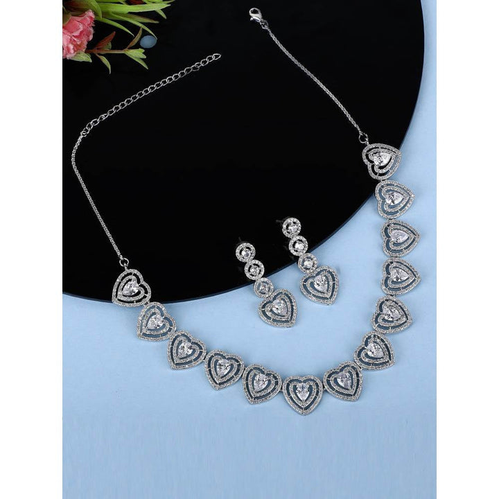 Auraa Trends Rhodium Plated American Diamond Zircon Silver Necklace Set For Women