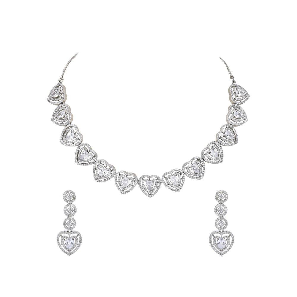 Auraa Trends Rhodium Plated American Diamond Zircon Silver Necklace Set For Women