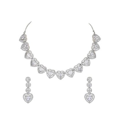Auraa Trends Rhodium Plated American Diamond Zircon Silver Necklace Set For Women