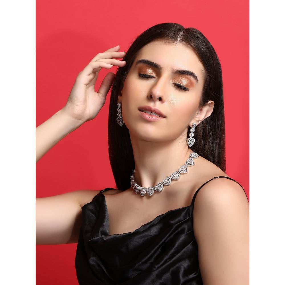 Auraa Trends Rhodium Plated American Diamond Zircon Silver Necklace Set For Women