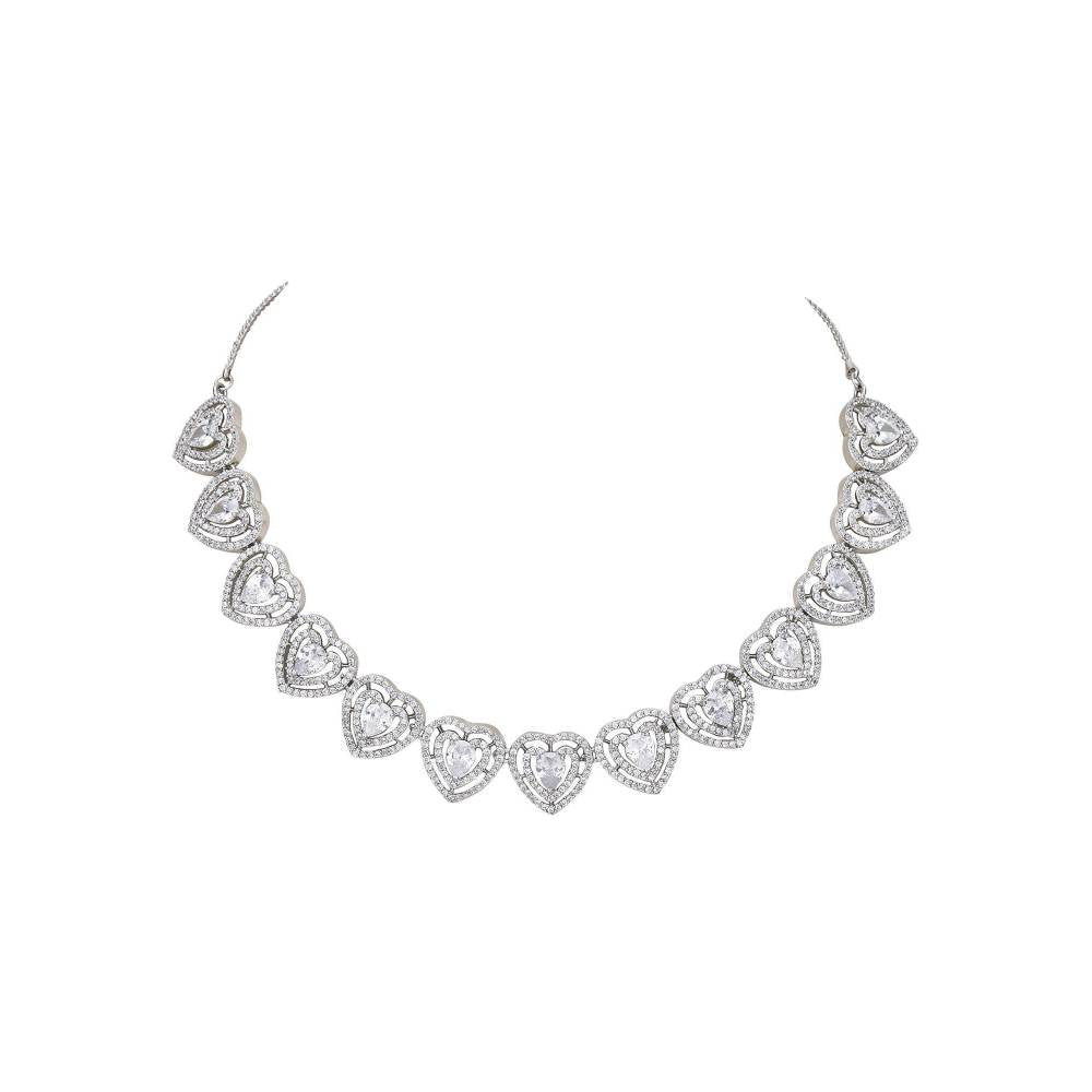Auraa Trends Rhodium Plated American Diamond Zircon Silver Necklace Set For Women