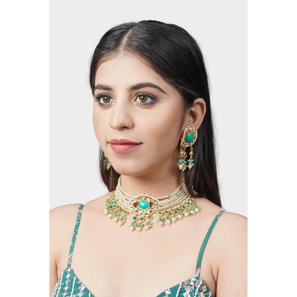 Auraa Trends Women & Girls 22KT Gold Plated Kundan Classic Turquoise Necklace Set
