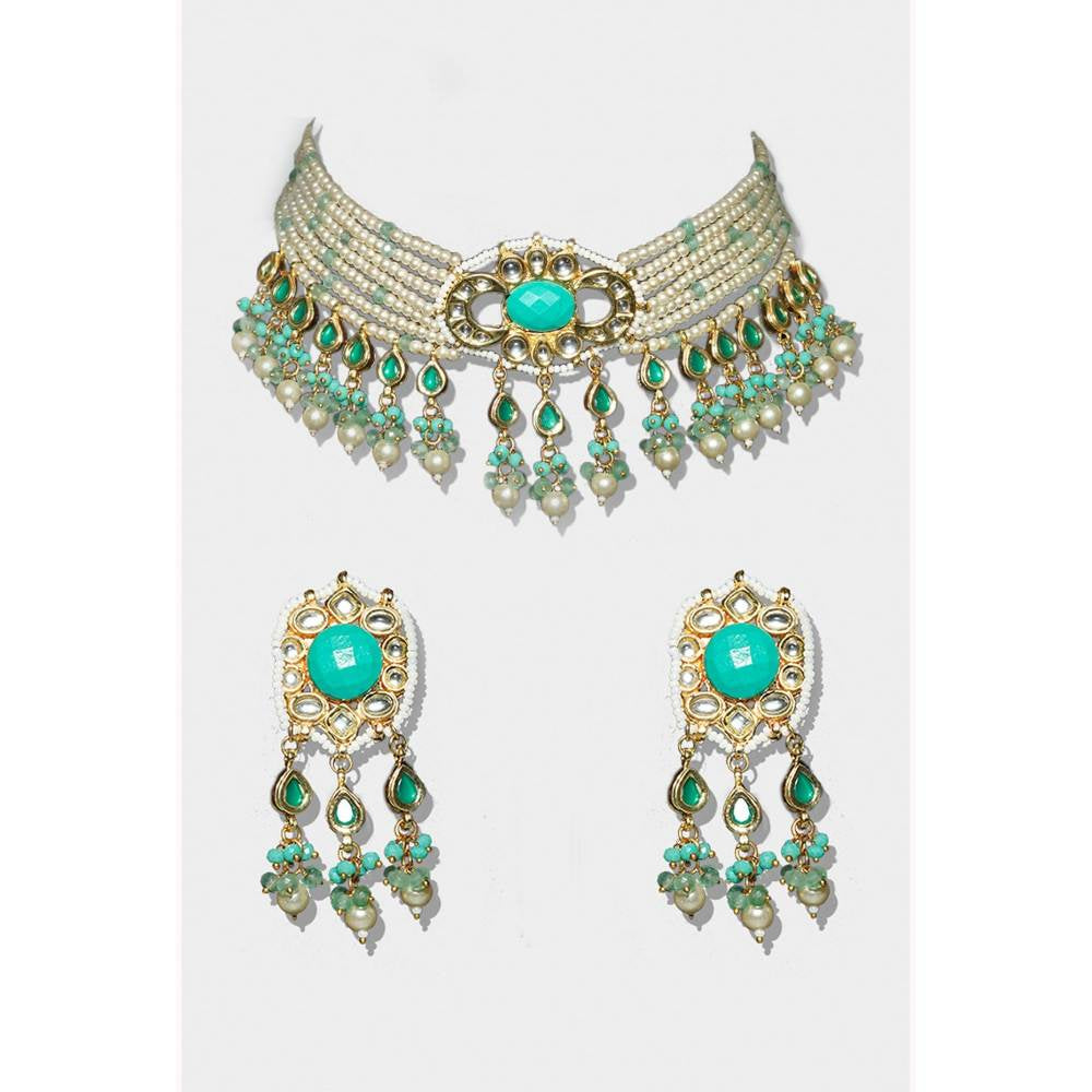 Auraa Trends Women & Girls 22KT Gold Plated Kundan Classic Turquoise Necklace Set