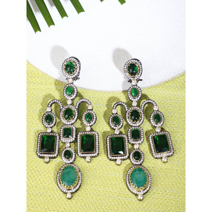 Auraa Trends Rhodium Plated American Diamond Zircon Green Earring Set for Women and Girls