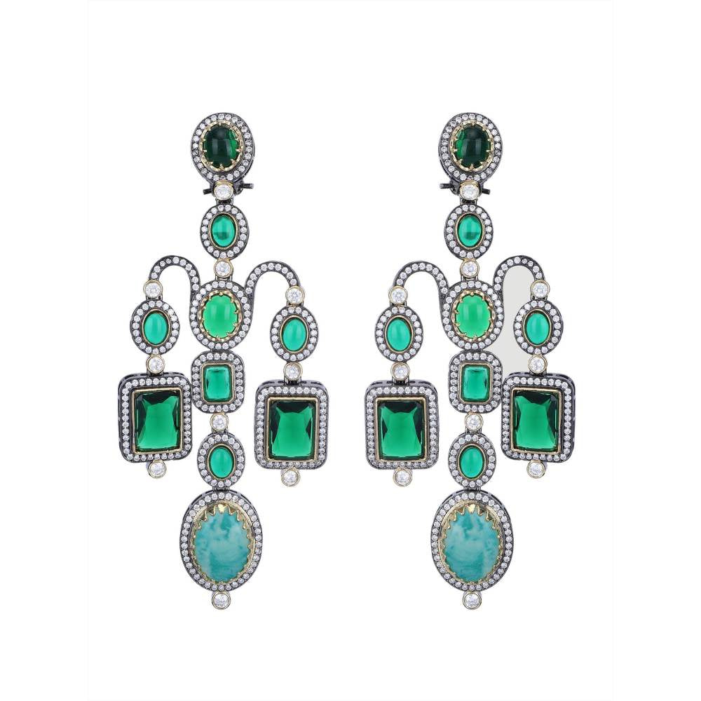 Auraa Trends Rhodium Plated American Diamond Zircon Green Earring Set for Women and Girls