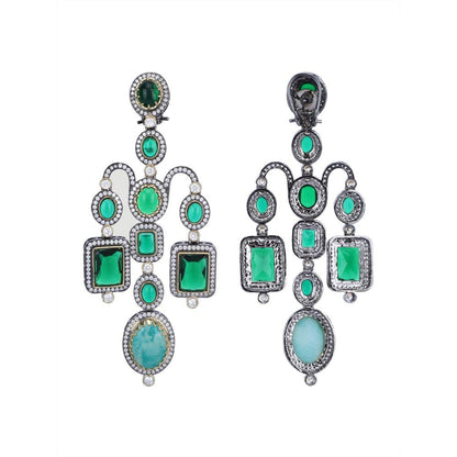 Auraa Trends Rhodium Plated American Diamond Zircon Green Earring Set for Women and Girls