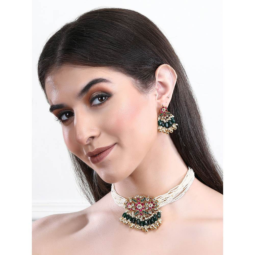 Auraa Trends 22Kt Gold Plated Kundan Red and Green Choker Necklace Set for Women and Girls