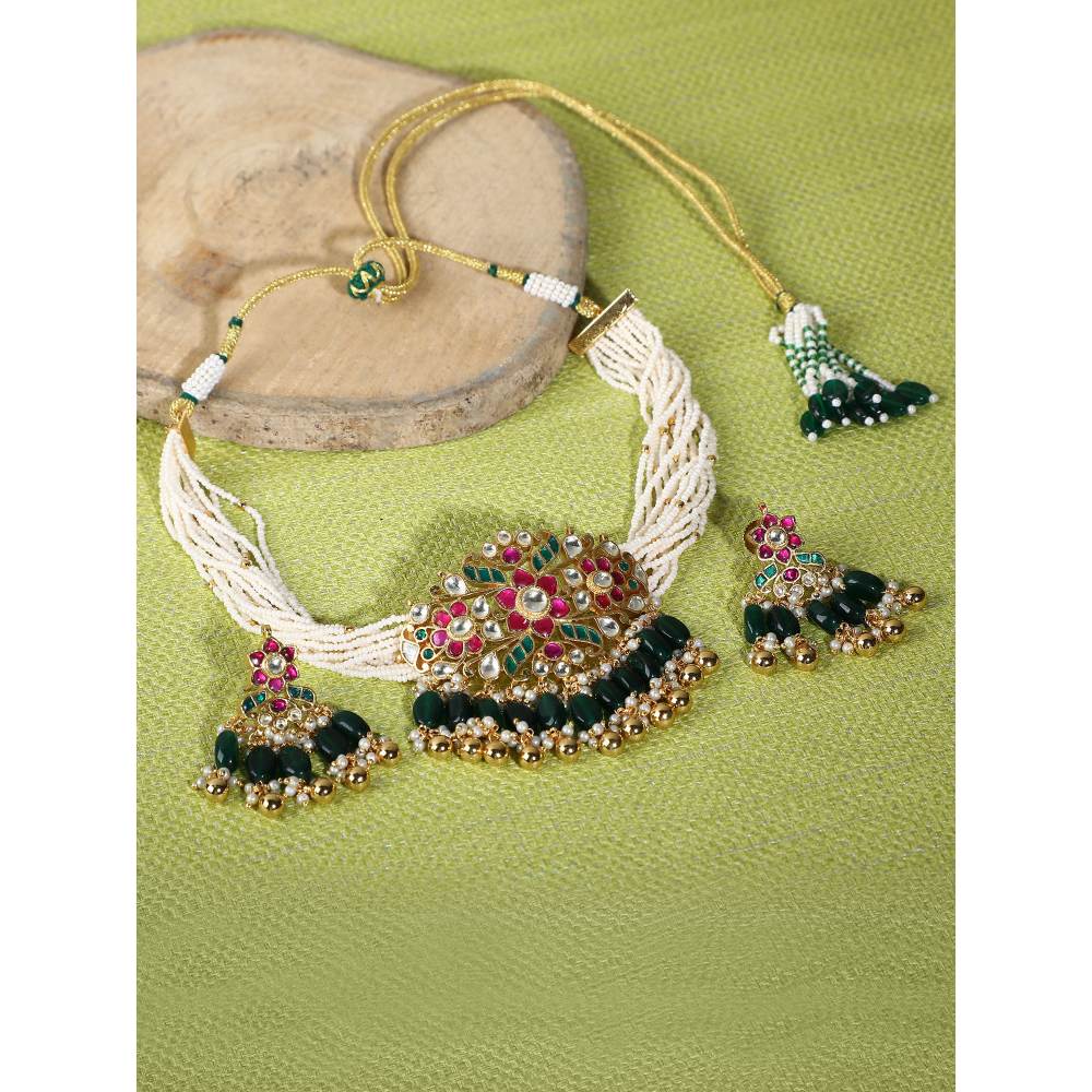 Auraa Trends 22Kt Gold Plated Kundan Red and Green Choker Necklace Set for Women and Girls