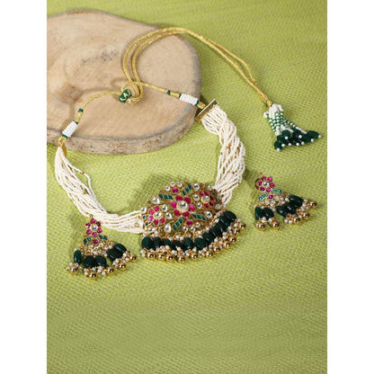 Auraa Trends 22Kt Gold Plated Kundan Red and Green Choker Necklace Set for Women and Girls