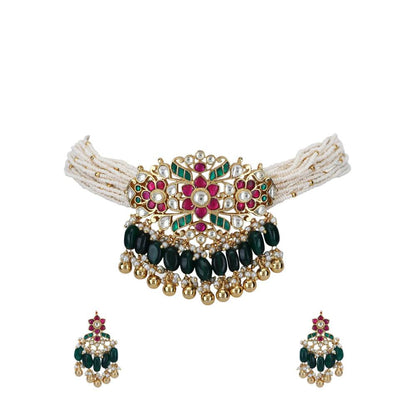 Auraa Trends 22Kt Gold Plated Kundan Red and Green Choker Necklace Set for Women and Girls