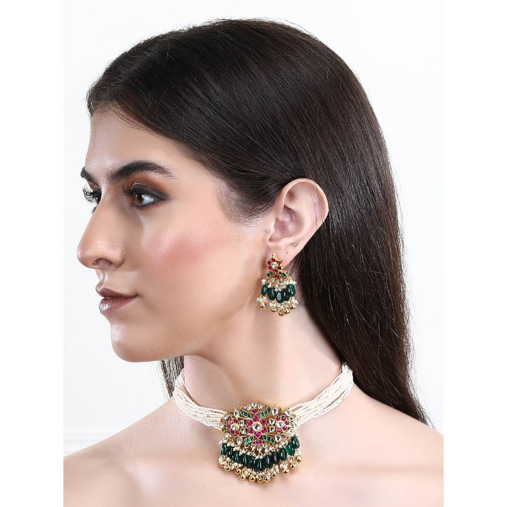 Auraa Trends 22Kt Gold Plated Kundan Red and Green Choker Necklace Set for Women and Girls