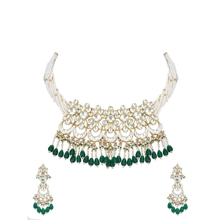 Auraa Trends 22Kt Gold Plated Kundan Classic Green Choker Necklace Set for Women and Girls