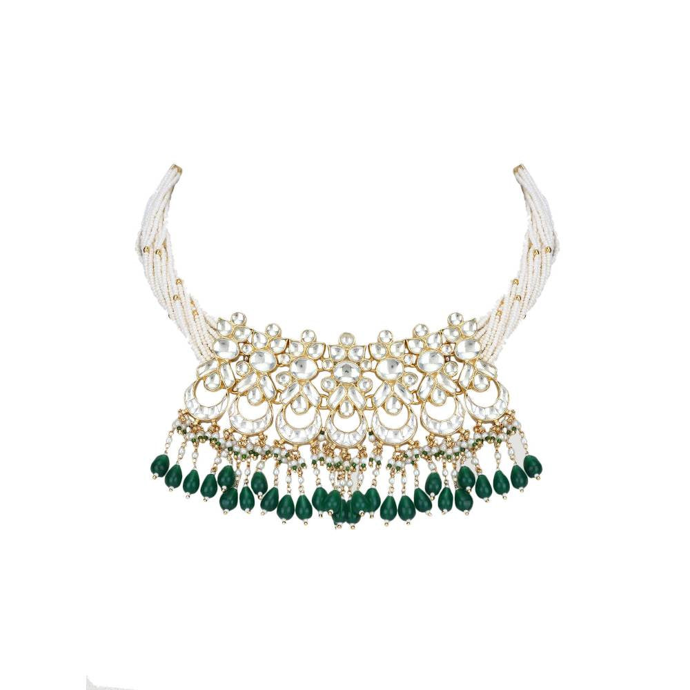 Auraa Trends 22Kt Gold Plated Kundan Classic Green Choker Necklace Set for Women and Girls