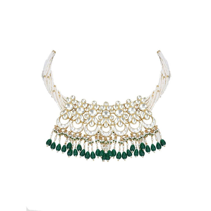 Auraa Trends 22Kt Gold Plated Kundan Classic Green Choker Necklace Set for Women and Girls