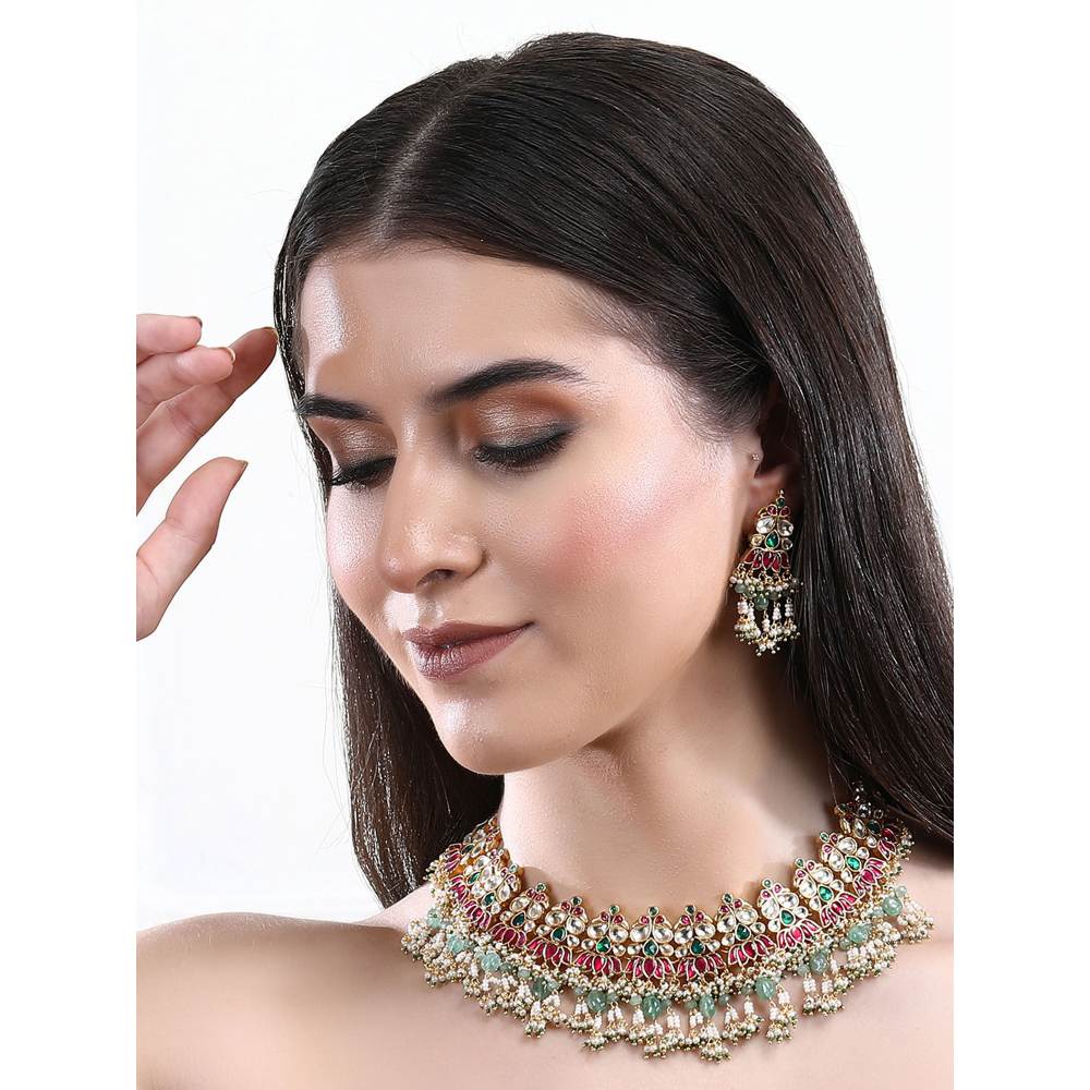 Auraa Trends 22Kt Gold Plated Kundan Red and Green Necklace Set for Women and Girls