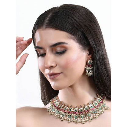 Auraa Trends 22Kt Gold Plated Kundan Red and Green Necklace Set for Women and Girls
