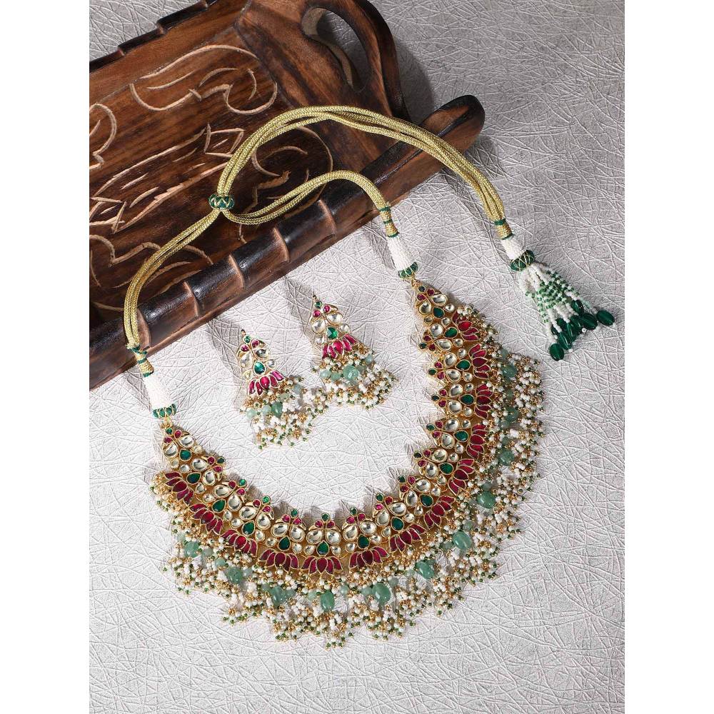 Auraa Trends 22Kt Gold Plated Kundan Red and Green Necklace Set for Women and Girls