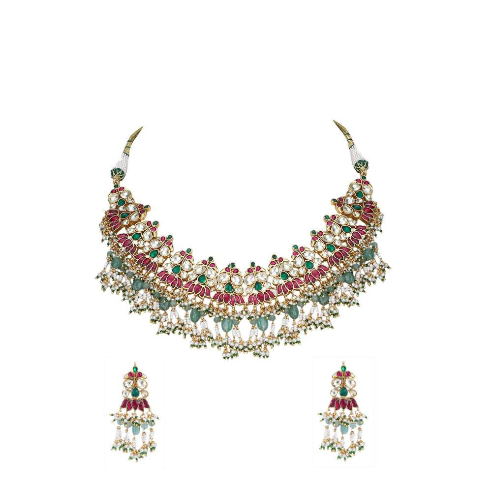 Auraa Trends 22Kt Gold Plated Kundan Red and Green Necklace Set for Women and Girls