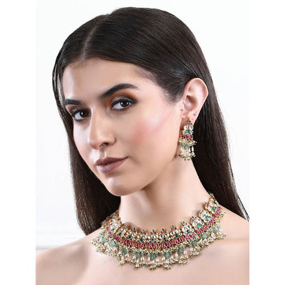 Auraa Trends 22Kt Gold Plated Kundan Red and Green Necklace Set for Women and Girls
