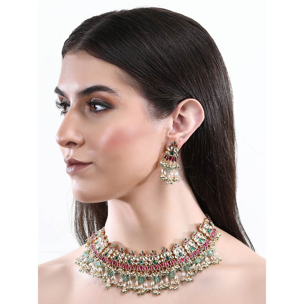 Auraa Trends 22Kt Gold Plated Kundan Red and Green Necklace Set for Women and Girls