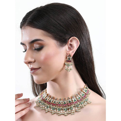 Auraa Trends 22Kt Gold Plated Kundan Red and Green Necklace Set for Women and Girls