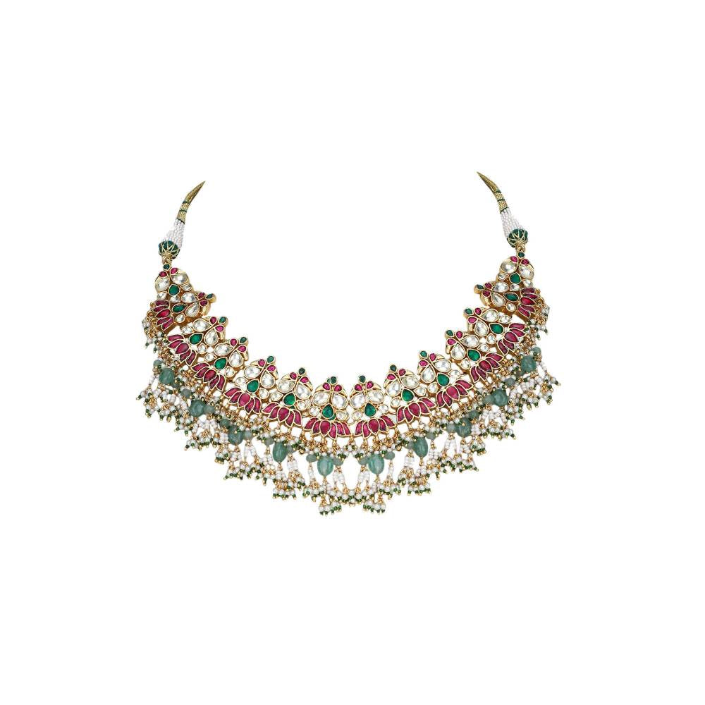 Auraa Trends 22Kt Gold Plated Kundan Red and Green Necklace Set for Women and Girls