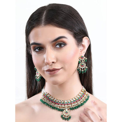 Auraa Trends 22Kt Gold Plated Kundan Red and Green Necklace Set for Women and Girls