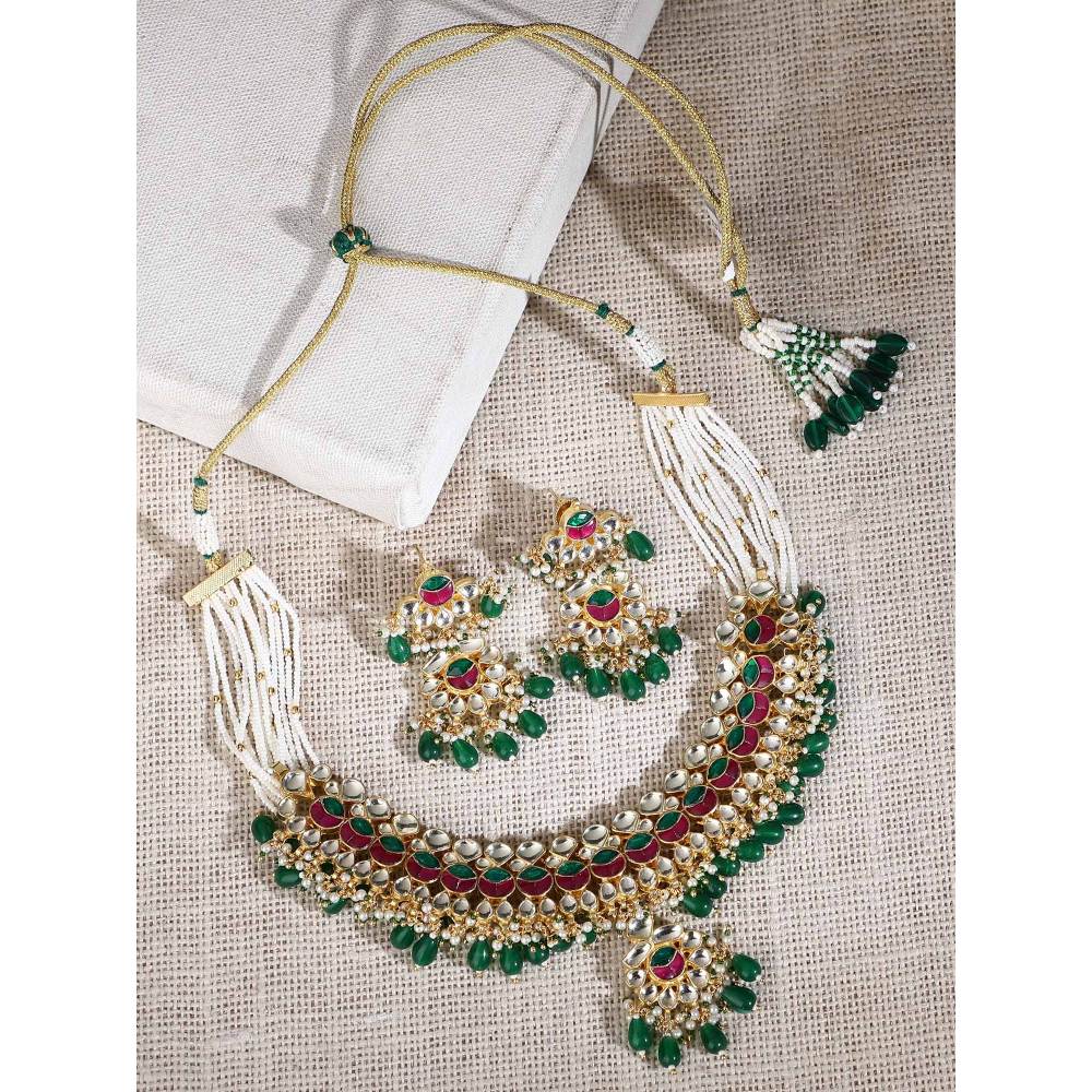 Auraa Trends 22Kt Gold Plated Kundan Red and Green Necklace Set for Women and Girls