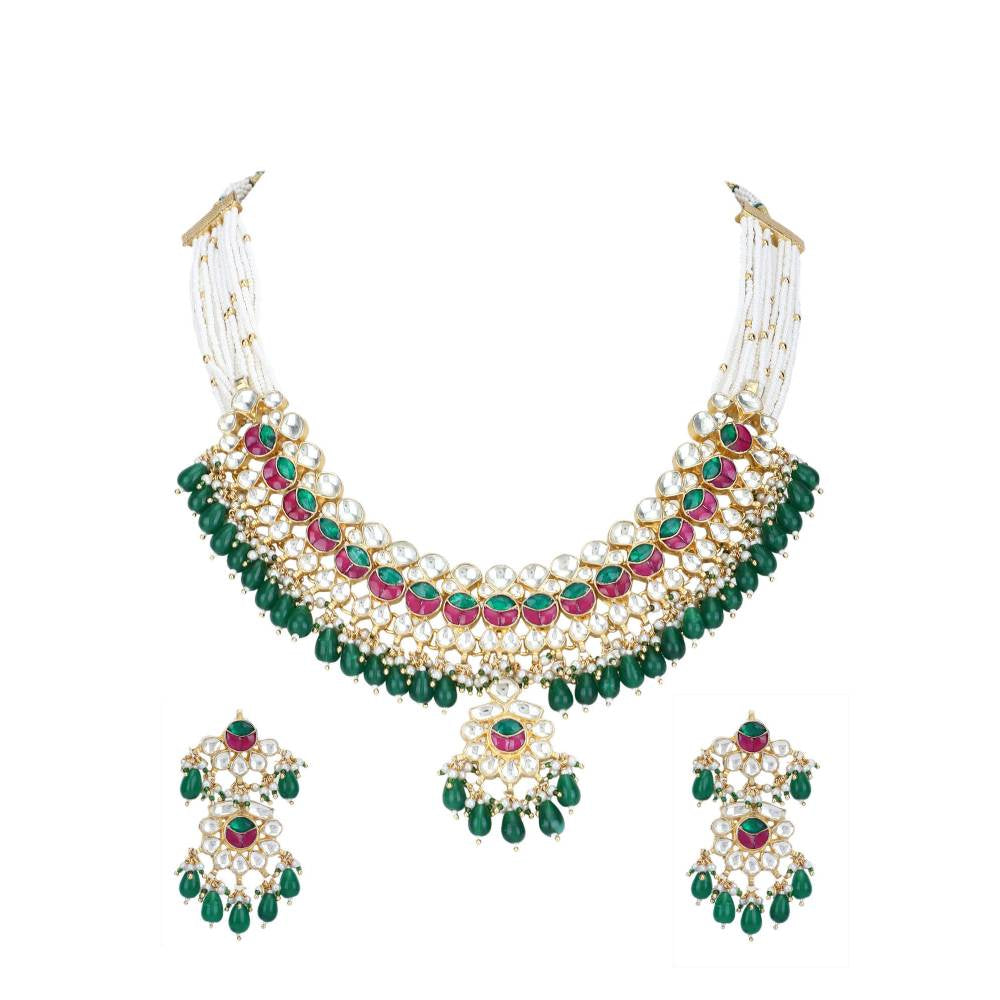 Auraa Trends 22Kt Gold Plated Kundan Red and Green Necklace Set for Women and Girls