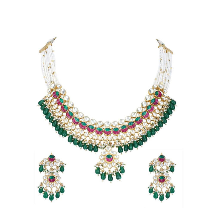 Auraa Trends 22Kt Gold Plated Kundan Red and Green Necklace Set for Women and Girls