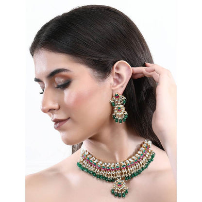 Auraa Trends 22Kt Gold Plated Kundan Red and Green Necklace Set for Women and Girls