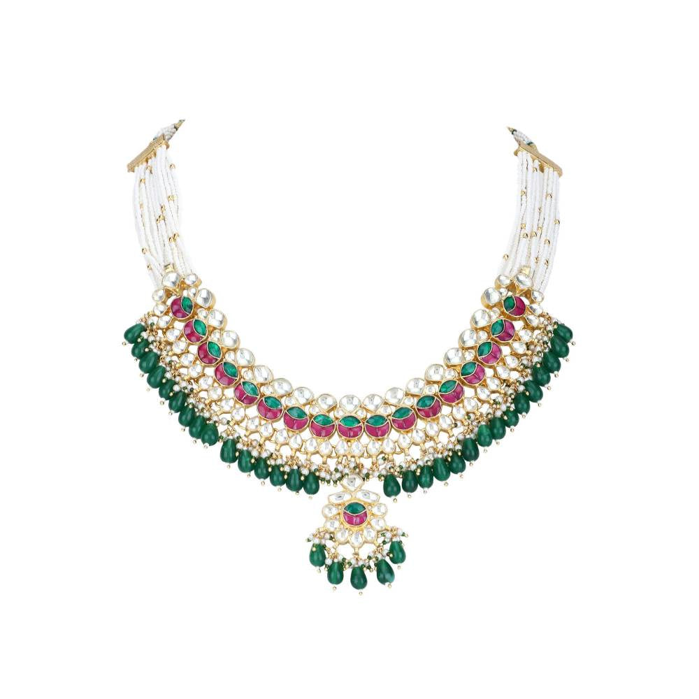 Auraa Trends 22Kt Gold Plated Kundan Red and Green Necklace Set for Women and Girls