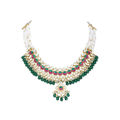 Auraa Trends 22Kt Gold Plated Kundan Red and Green Necklace Set for Women and Girls