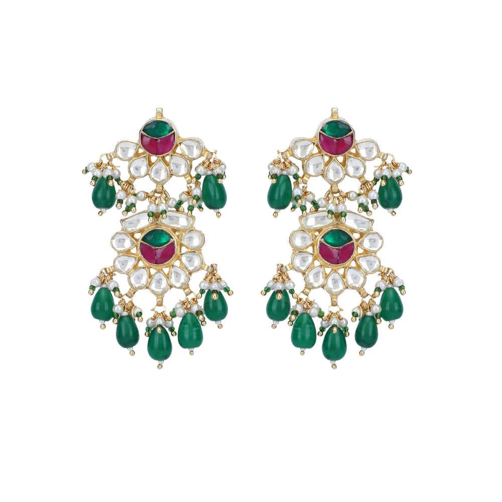 Auraa Trends 22Kt Gold Plated Kundan Red and Green Necklace Set for Women and Girls