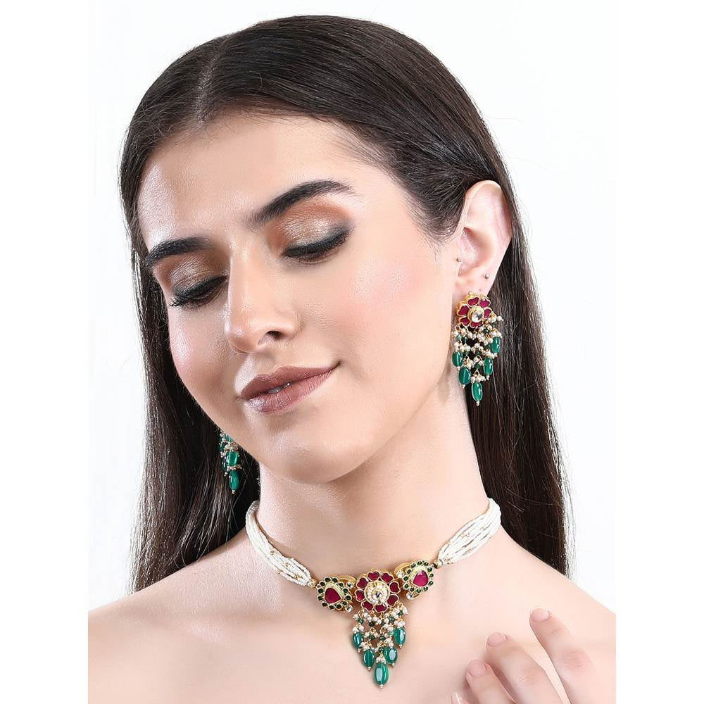 Auraa Trends 22Kt Gold Plated Kundan Red and Green Choker Necklace Set for Women and Girls