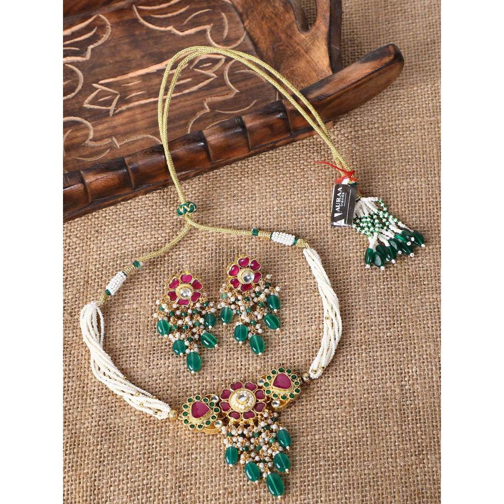 Auraa Trends 22Kt Gold Plated Kundan Red and Green Choker Necklace Set for Women and Girls
