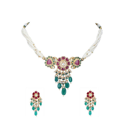 Auraa Trends 22Kt Gold Plated Kundan Red and Green Choker Necklace Set for Women and Girls