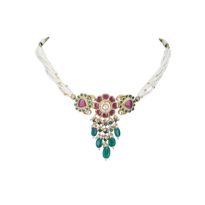 Auraa Trends 22Kt Gold Plated Kundan Red and Green Choker Necklace Set for Women and Girls
