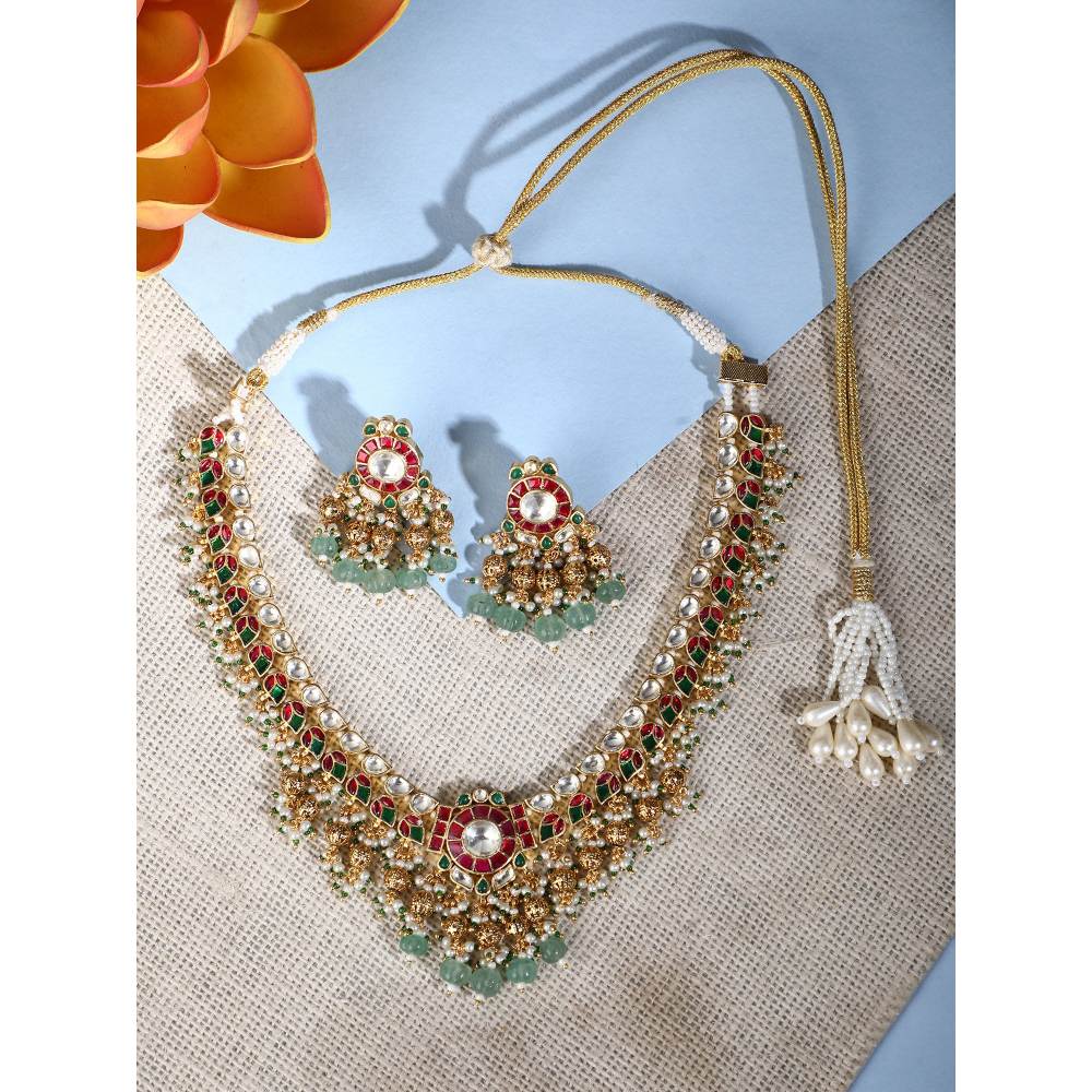 Auraa Trends 22Kt Gold Plated Kundan Red and Green Necklace Set for Women and Girls