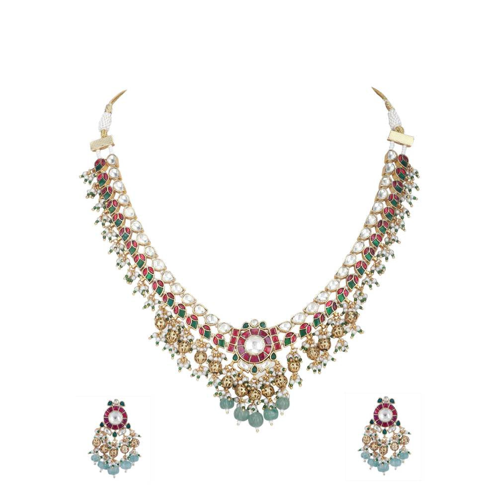 Auraa Trends 22Kt Gold Plated Kundan Red and Green Necklace Set for Women and Girls