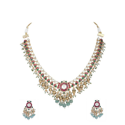 Auraa Trends 22Kt Gold Plated Kundan Red and Green Necklace Set for Women and Girls
