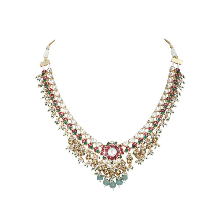 Auraa Trends 22Kt Gold Plated Kundan Red and Green Necklace Set for Women and Girls