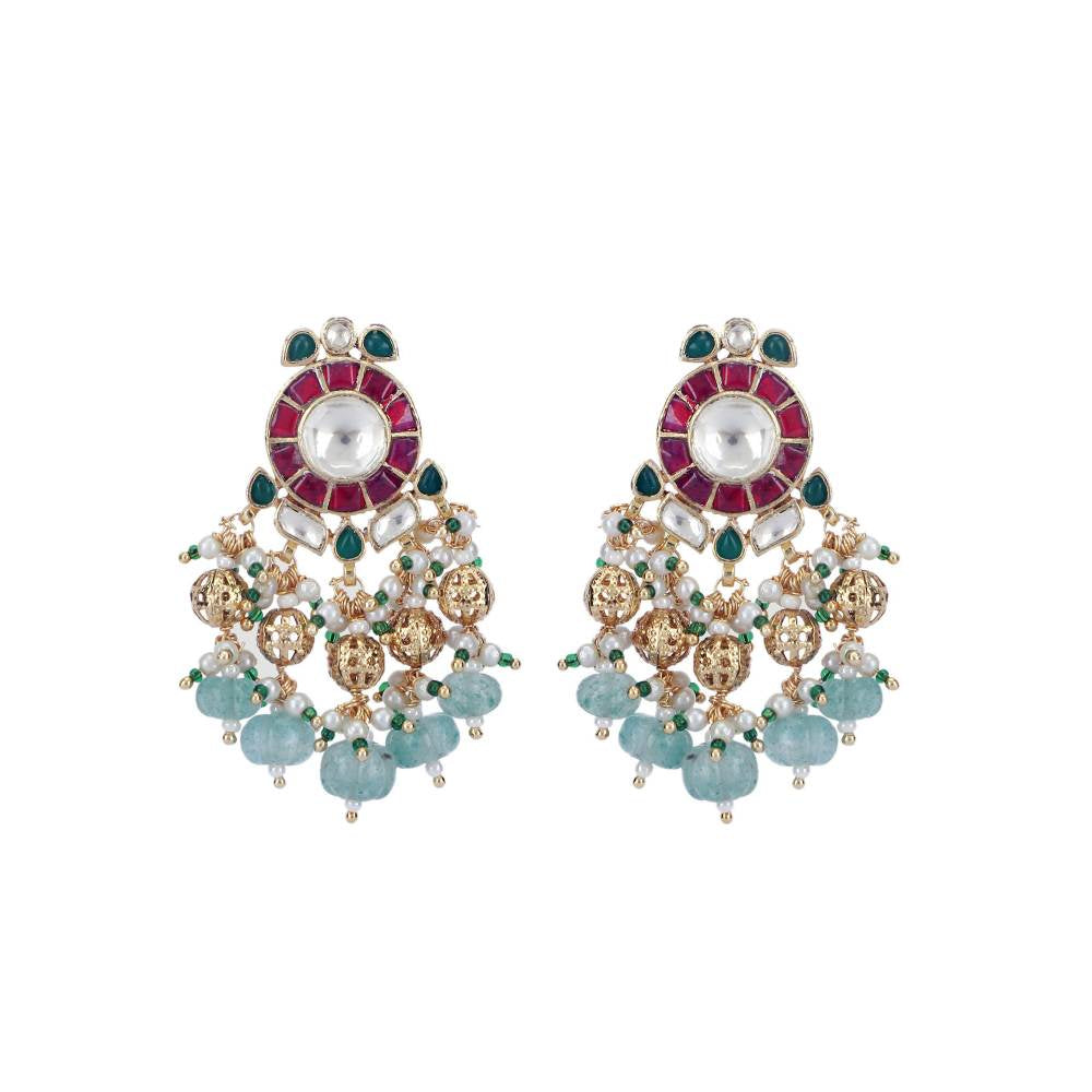 Auraa Trends 22Kt Gold Plated Kundan Red and Green Necklace Set for Women and Girls