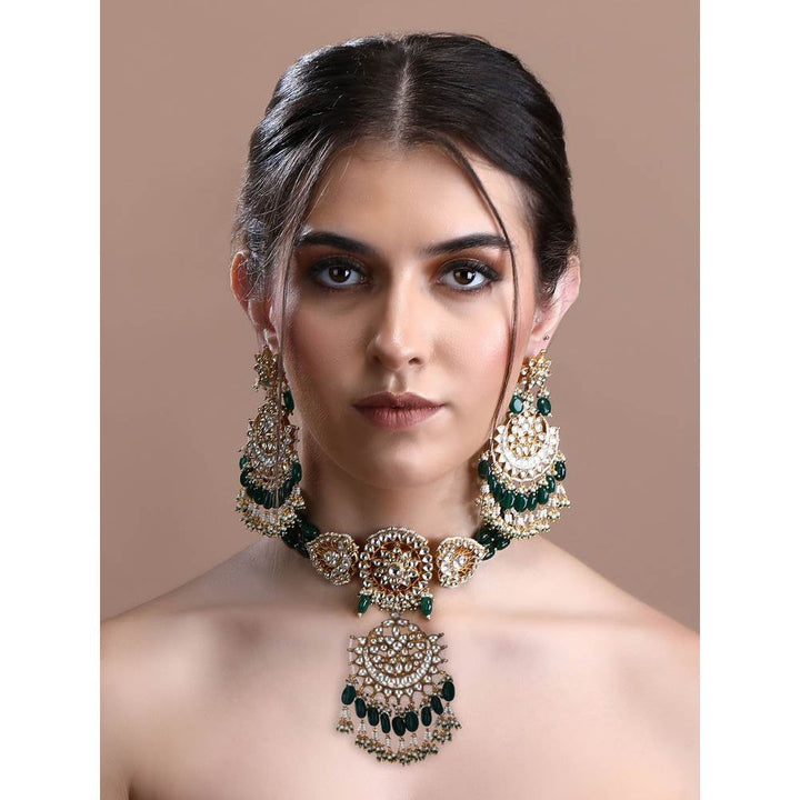 Auraa Trends 22Kt Gold Plated Kundan Classic Green Choker Necklace Set for Women and Girls