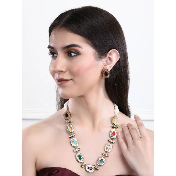 Auraa Trends 22Kt Gold Plated Kundan Navratna Necklace Set for Women and Girls