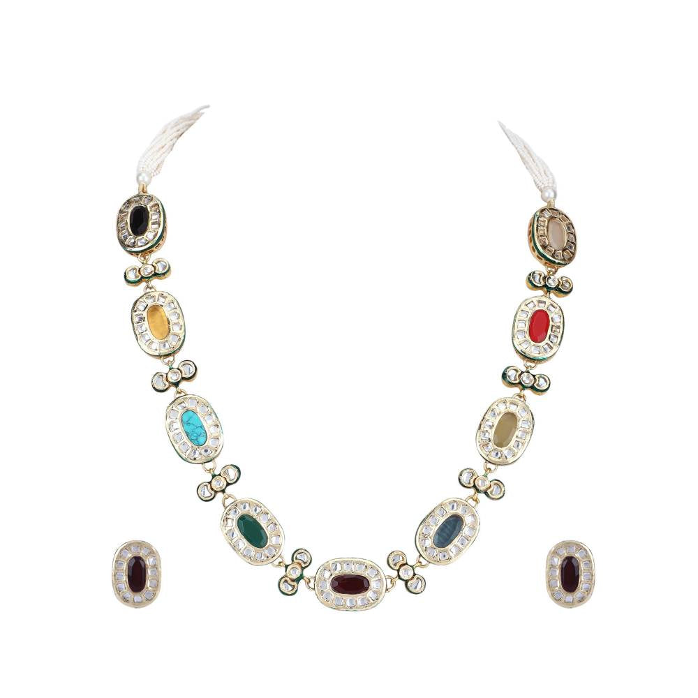 Auraa Trends 22Kt Gold Plated Kundan Navratna Necklace Set for Women and Girls