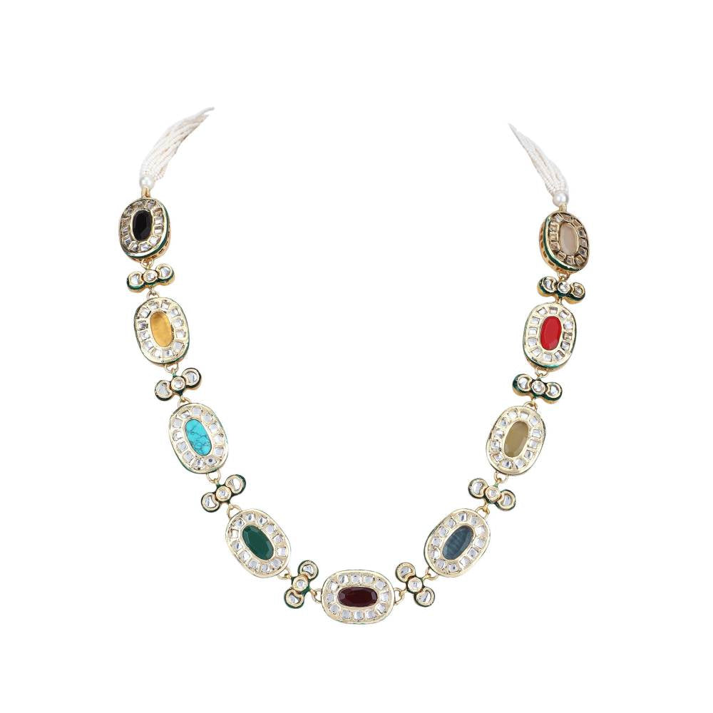 Auraa Trends 22Kt Gold Plated Kundan Navratna Necklace Set for Women and Girls