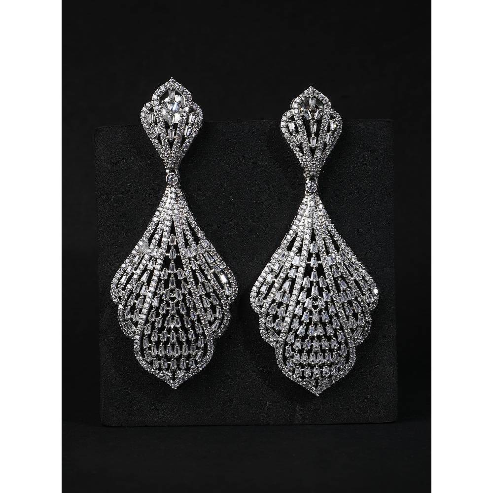 Auraa Trends Rhodium Plated American Diamond White Earring Set for Women and Girls