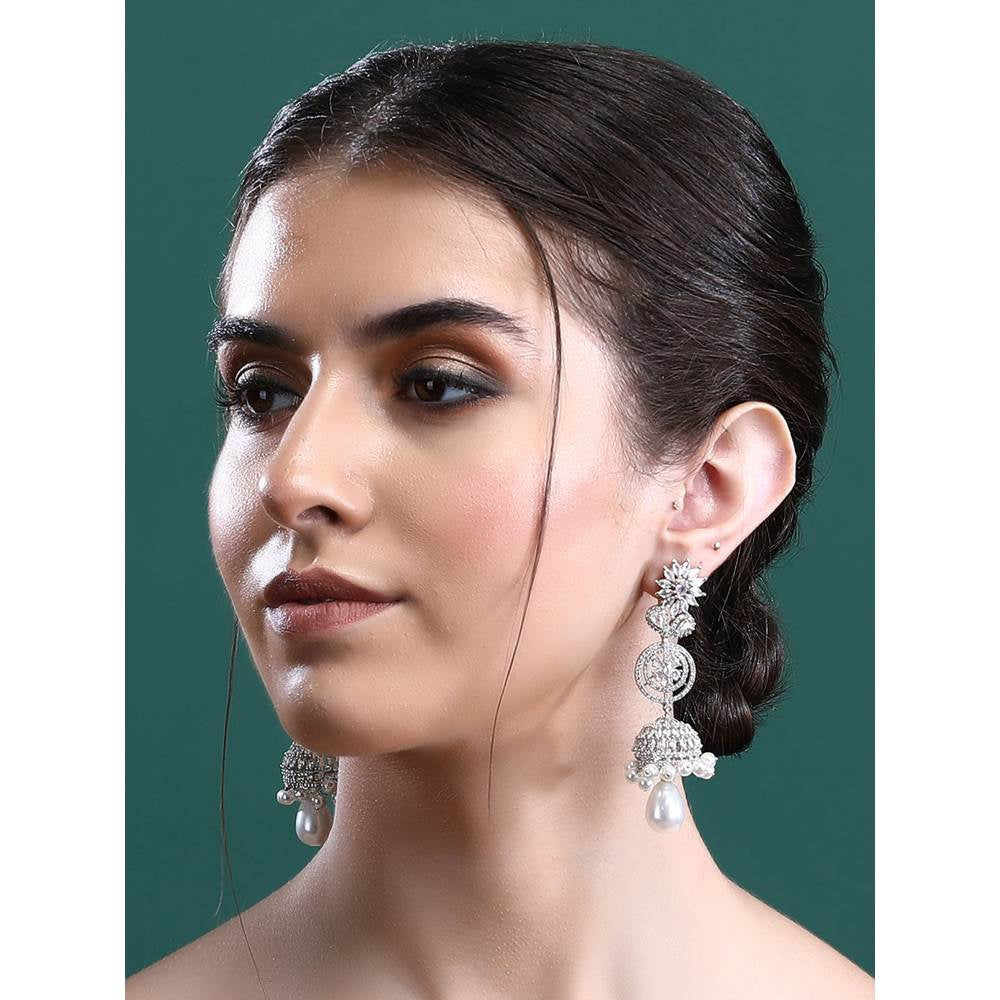 Auraa Trends Rhodium Plated American Diamond White Earrings for Women